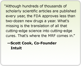 Although hundreds of thousands of scholarly scientific articles are published every year, the FDA approves less than two-dozen new drugs a year. What's missing is the translation of all that cutting-edge science into cutting-edge cures. That's where the MRF comes in. --Scott Cook, Co-Founder, Intuit