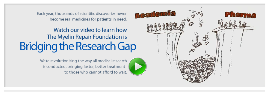 Each year, thousands of scientific discoveries never become real medicines for patients in need. Watch our video to learn how The Myelin Repair Foundation is Bridging the Research Gap. To revolutionize the way all medical research is conducted-- bringing faster, better treatments to those who cannot afford to wait.